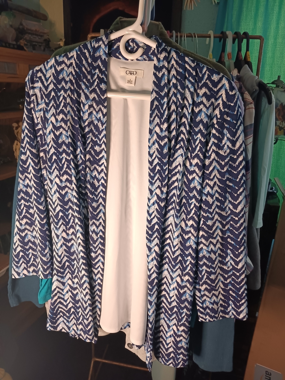 Cato Open-Front Chevron Cardigan in Navy, Light Blue & White